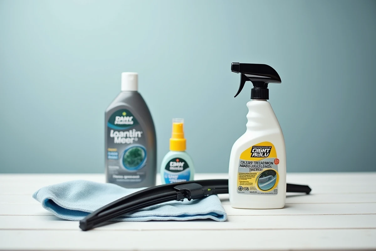 Accessoires pour pare-brise disposés sur une surface blanche : spray anti-pluie, balai d'essuie-glace et chiffon microfibres