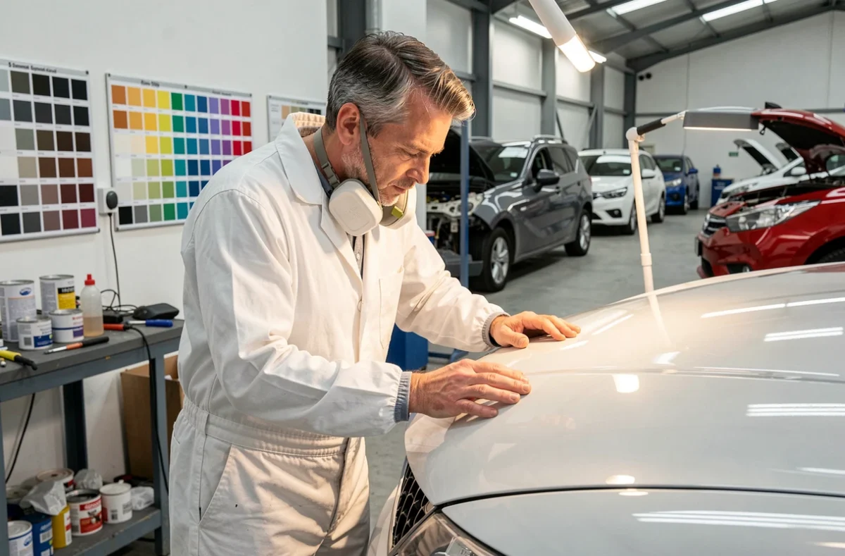 Carrossier inspectant un pare-chocs fraîchement repeint chez Acci-Auto Carrosserie en Gironde