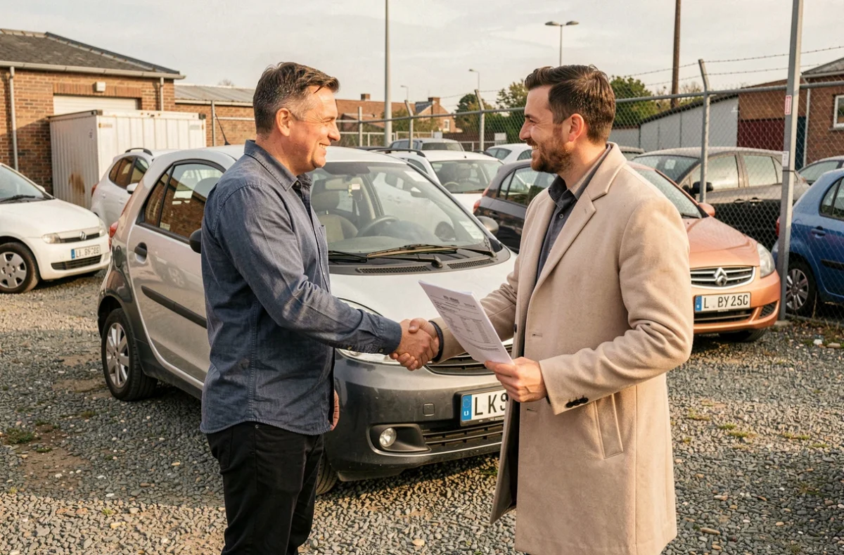 Acheteur et vendeur concluant la vente d'une voiture sans permis d'occasion dans un lot automobile à Lille