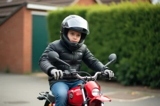 Jeune adolescent de 14 ans en équipement de moto assis sur une moto 50cc rouge dans une allée résidentielle