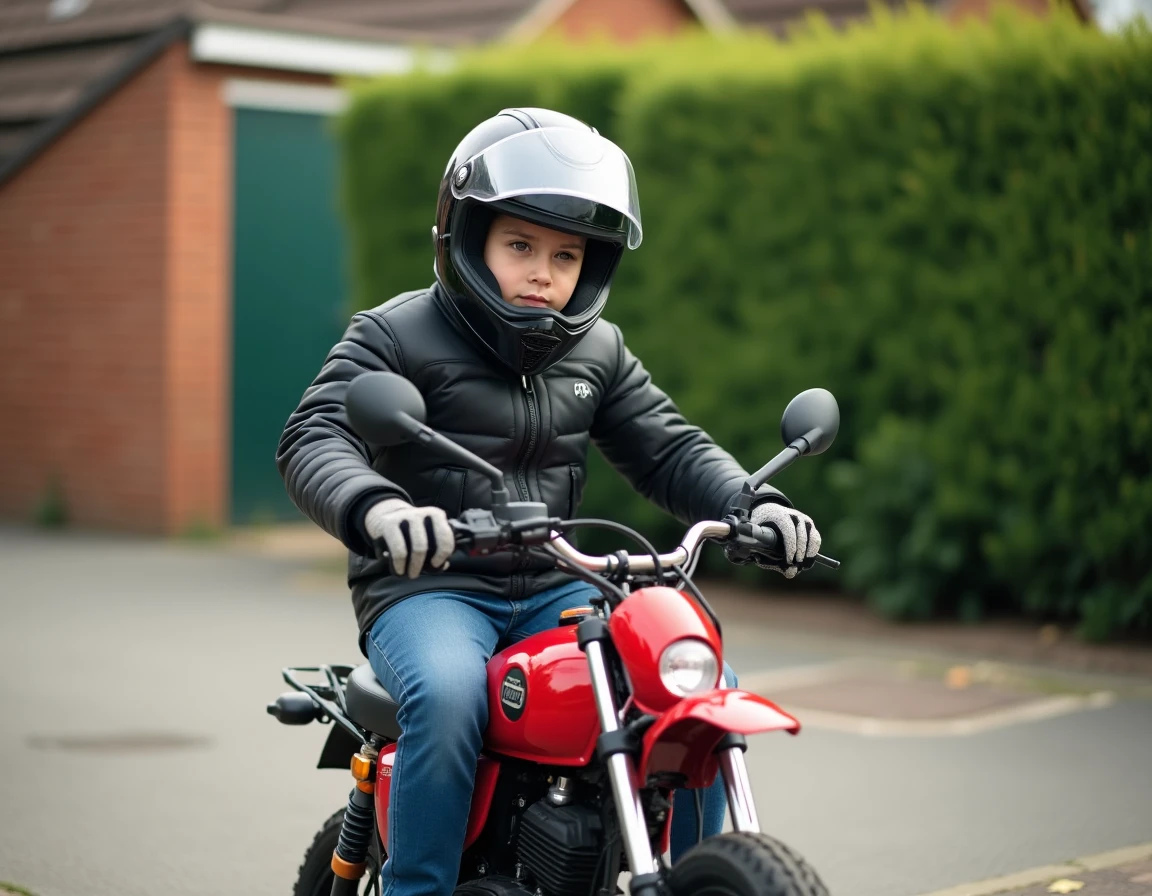 Jeune adolescent de 14 ans en équipement de moto assis sur une moto 50cc rouge dans une allée résidentielle