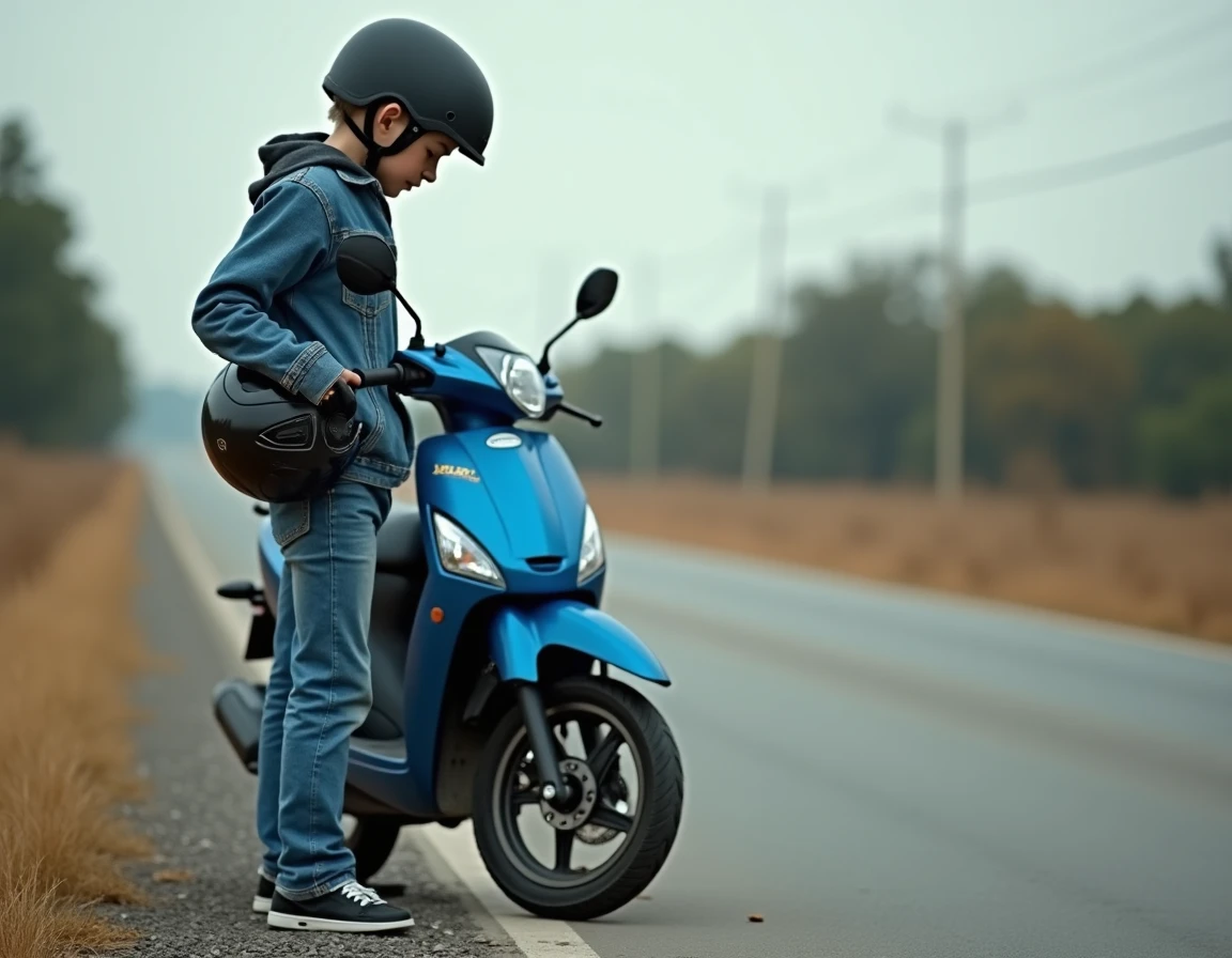Adolescent de 14 ans debout à côté d'une moto 50cc bleue sur une route de campagne, casque sous le bras