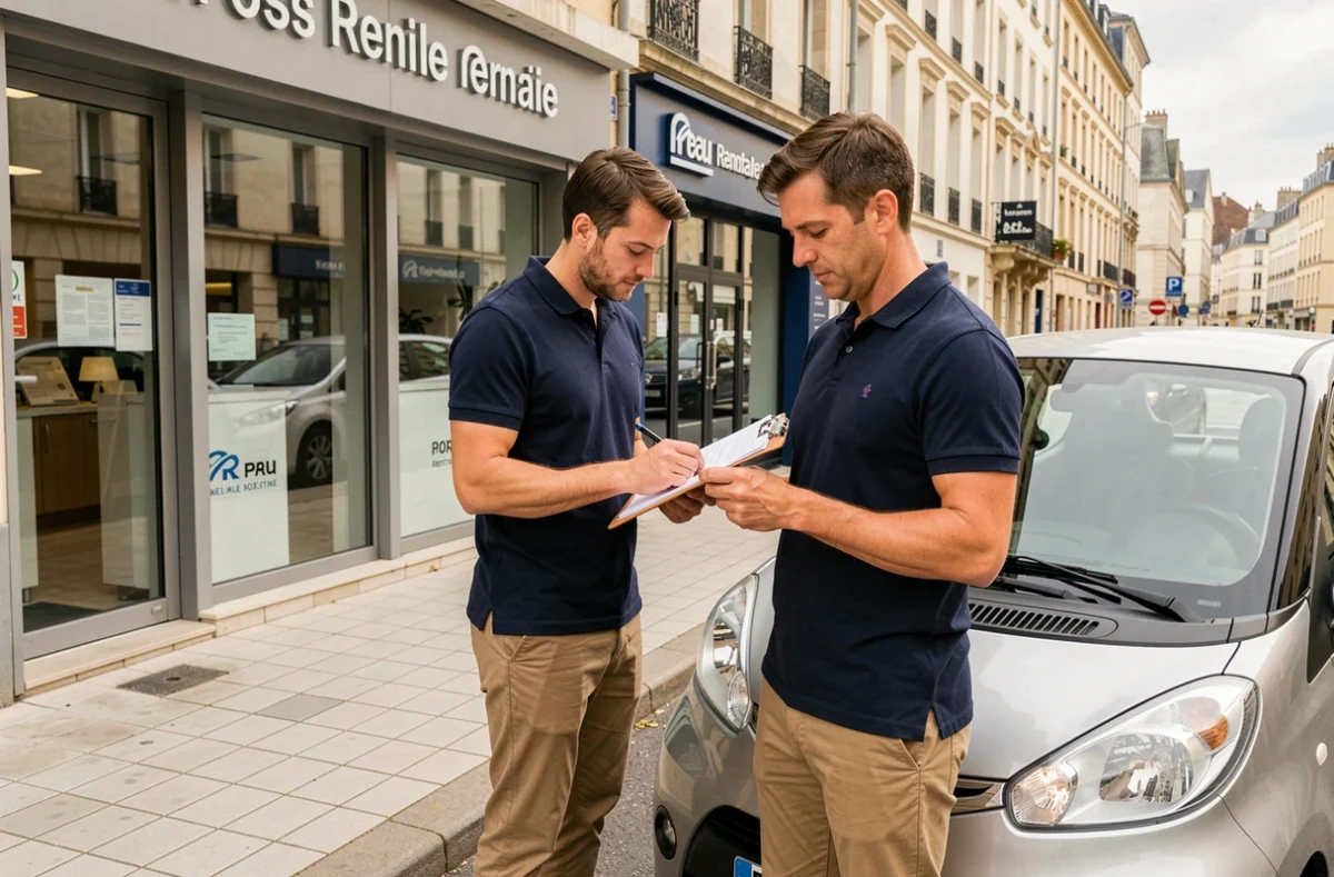 Homme consultant un contrat de location devant une agence de voiture sans permis à Pau