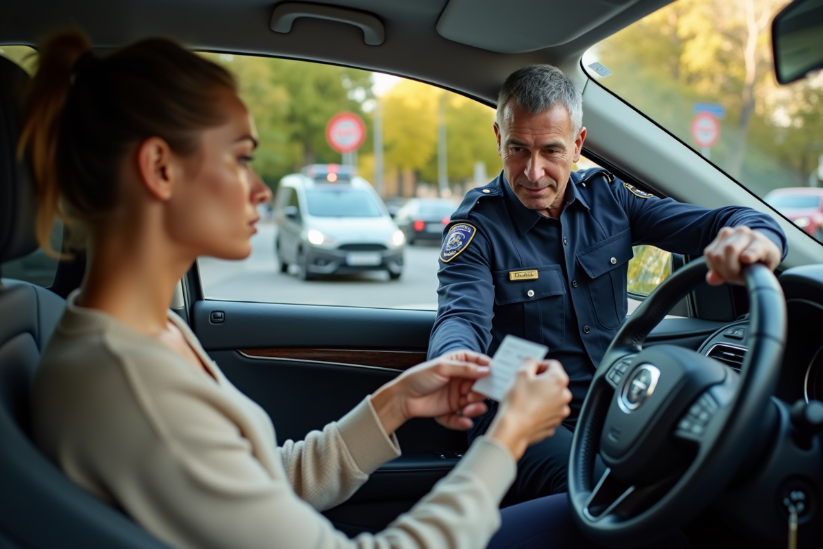 Agent de police vérifiant le permis d'une conductrice