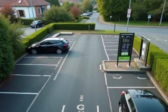 Aire de covoiturage avec places de stationnement marquées au sol et panneau d'information à Chavagne