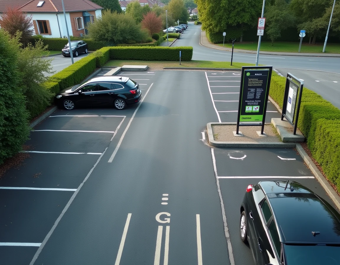 Aire de covoiturage avec places de stationnement marquées au sol et panneau d'information à Chavagne