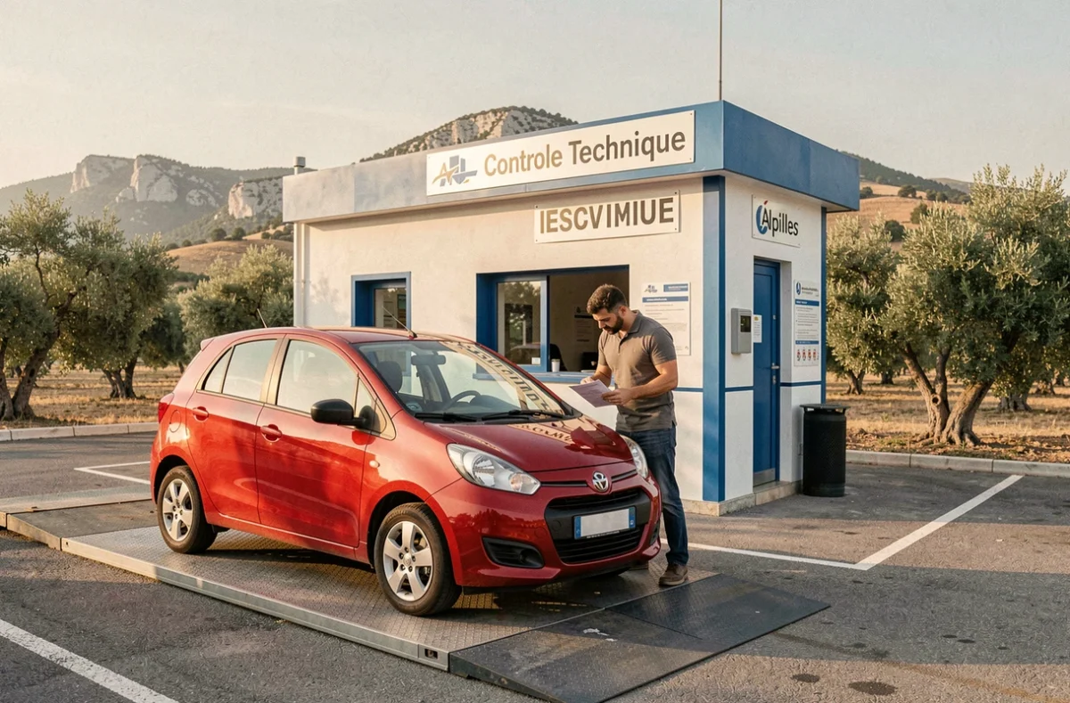 Centre Alpilles Controle Technique avec un technicien guidant une voiture rouge sur la rampe dans un cadre provençal