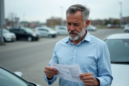 Homme tenant un certificat d'immatriculation devant sa voiture dans un parking, illustrant une amende liée à un mauvais certificat d'immatriculation