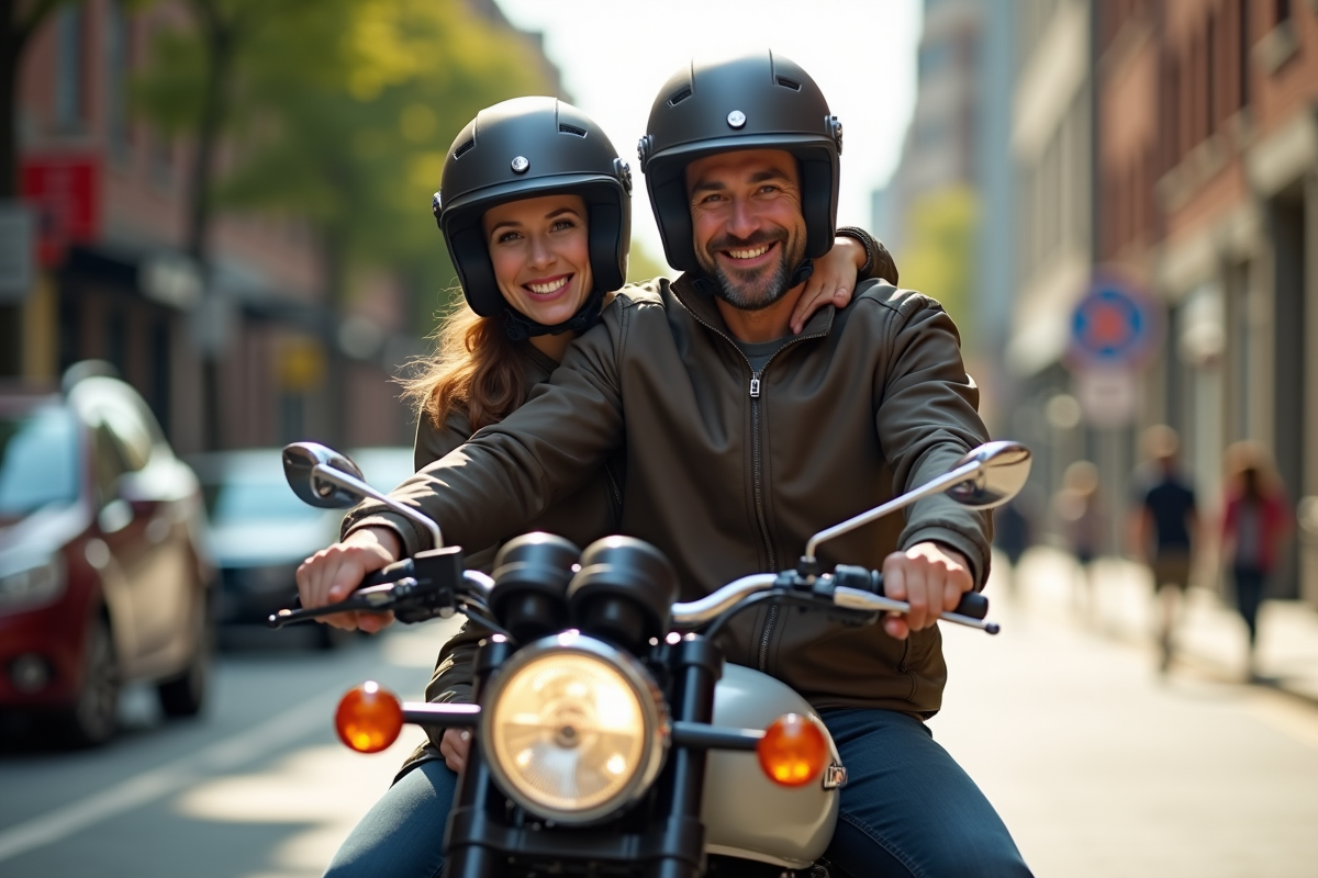 Deux amis souriants sur moto en ville avec casques ouverts