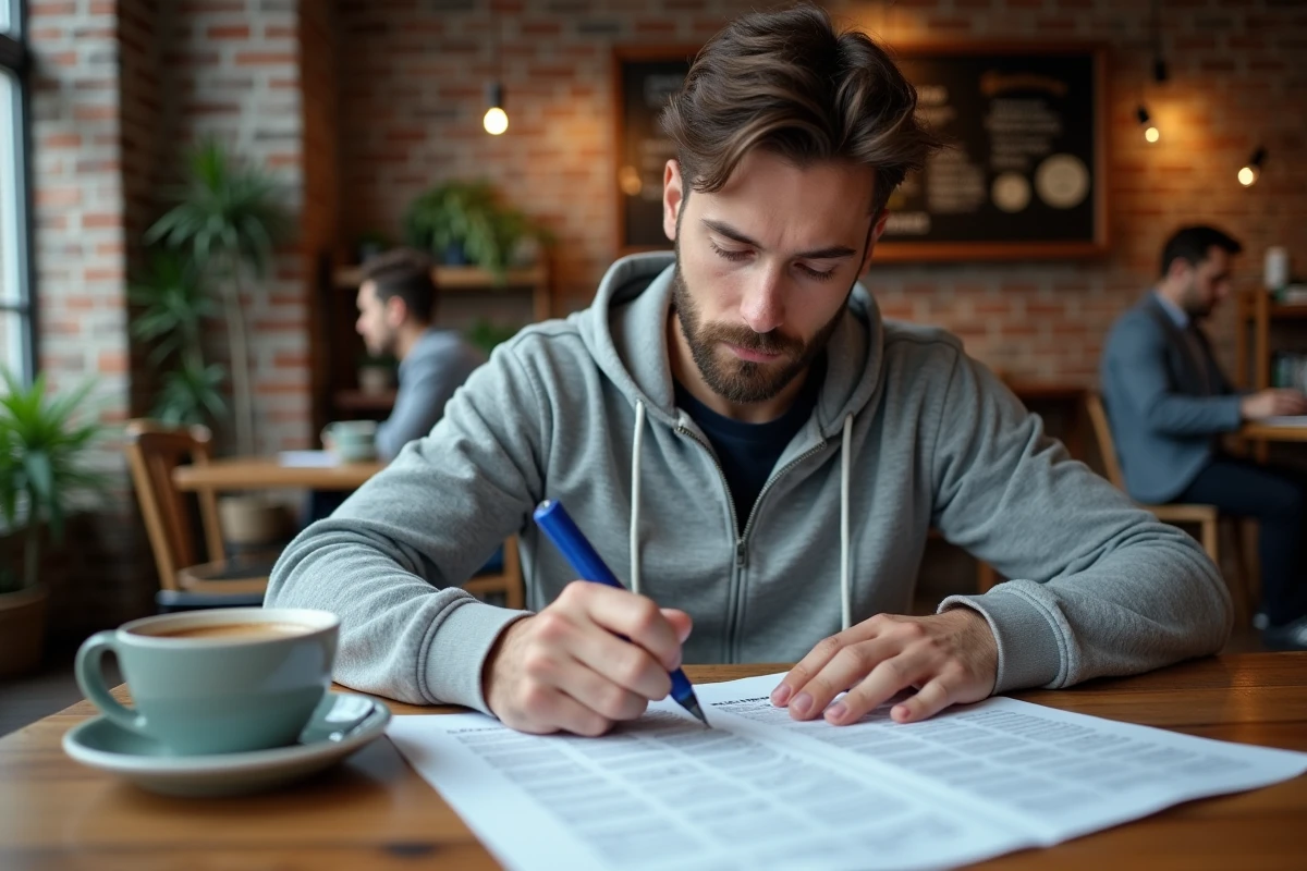 Homme annotant un document PDF imprimé de questions permis de conduire dans un café