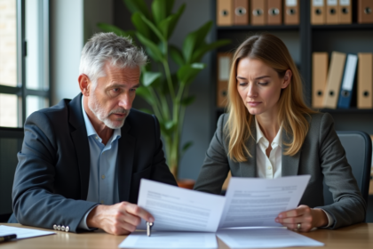 Couple d'assureurs examinant des documents d'assurance