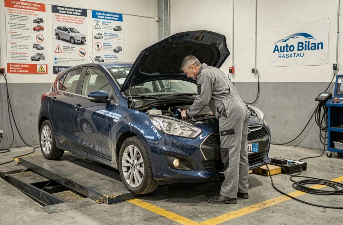 Technicien Auto Bilan Rabatau effectuant une inspection sous le capot d'une voiture bleue sur une plateforme hydraulique