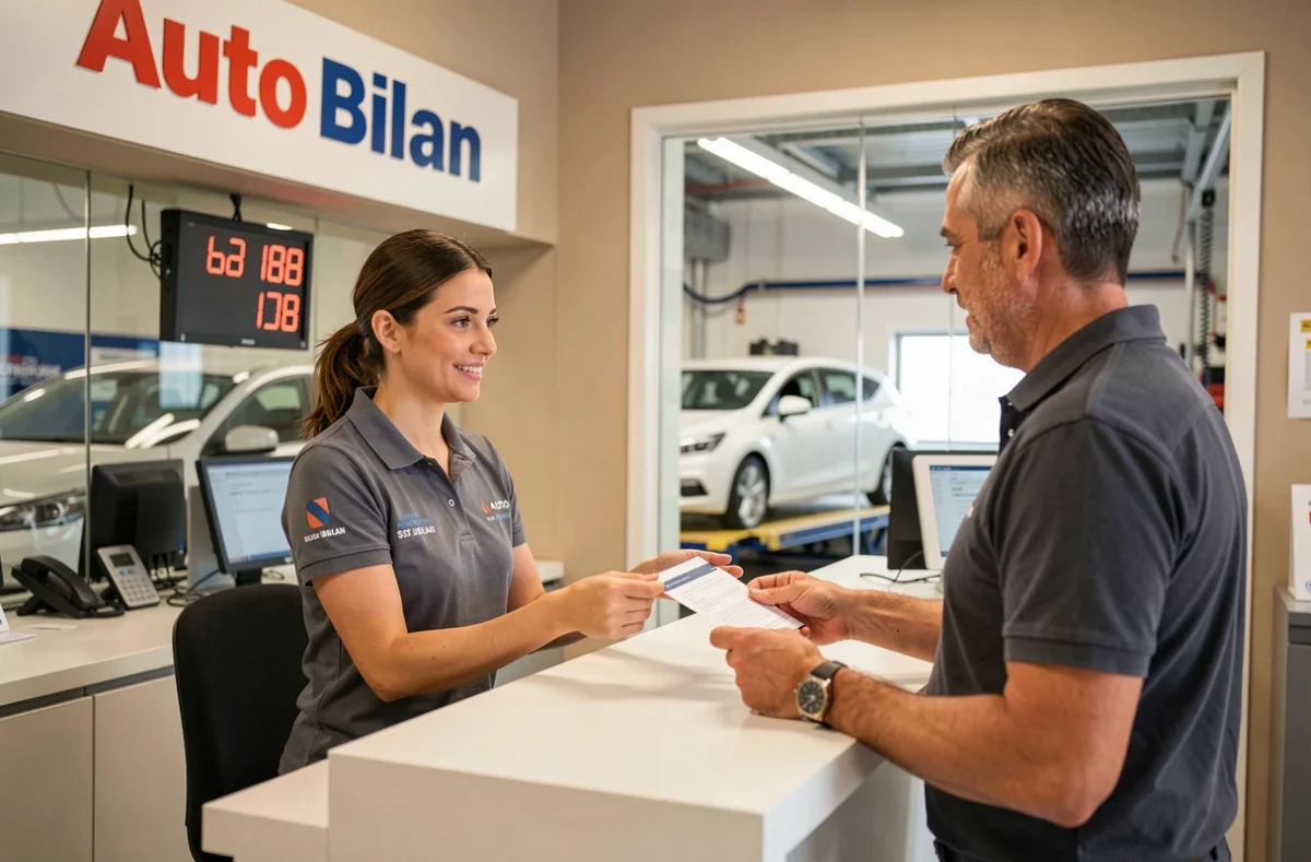 Réceptionniste Auto Bilan St Just remettant des documents à un client au comptoir d'accueil avec la baie d'inspection visible en arrière-plan