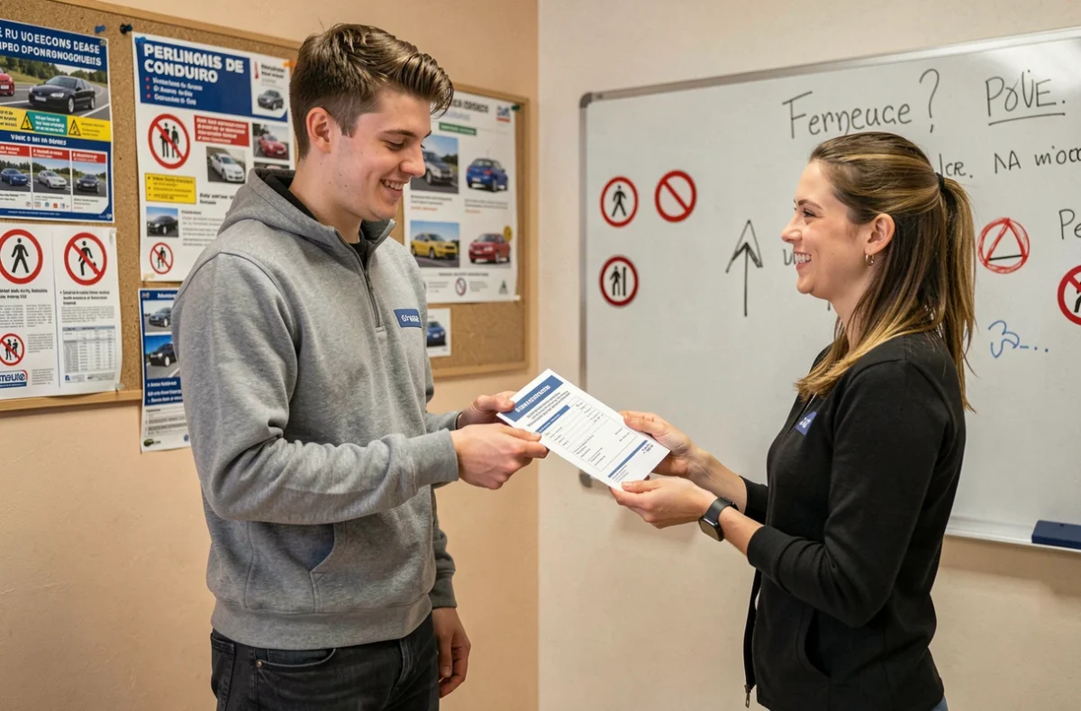Un élève recevant son permis de conduire des mains de son instructrice à l'auto-école Jen