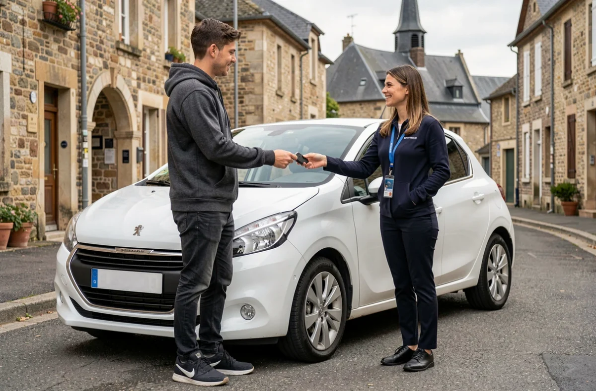 Instructrice de l'auto-école NEO remettant les clés à un élève devant une voiture à Neufchâteau