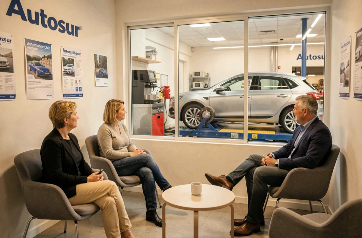 Salle d'attente Automobile Club Autosur avec deux clients et vue sur une voiture en cours d'inspection sur dynamomètre