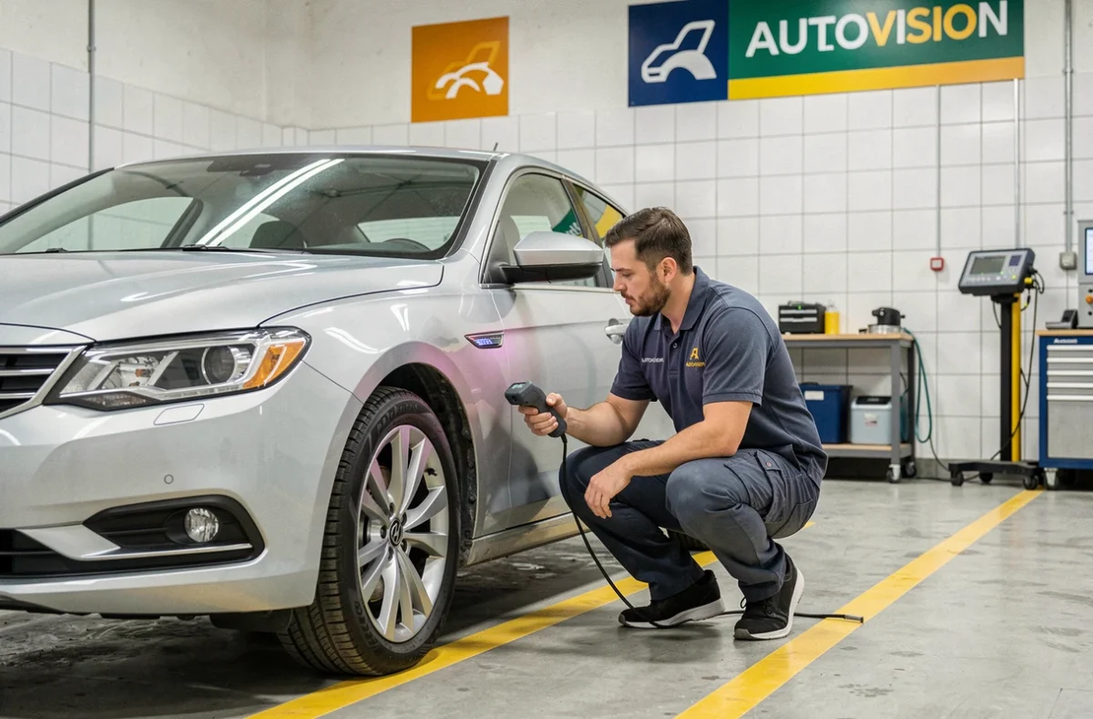 Technicien Autovision en tenue de travail effectuant un contrôle technique sur une berline argentée dans un garage moderne