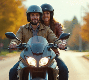 Homme et femme en moto moderne sur route ensoleillee