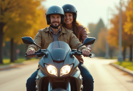 Homme et femme en moto moderne sur route ensoleillee