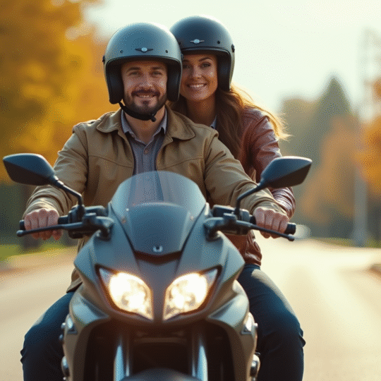 Homme et femme en moto moderne sur route ensoleillee
