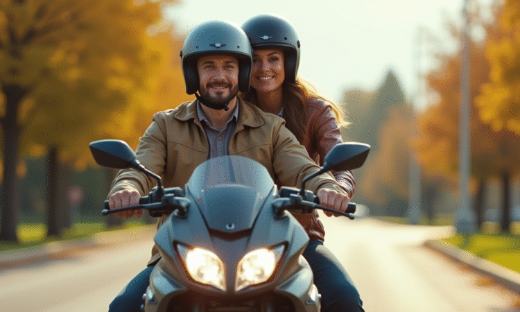 Homme et femme en moto moderne sur route ensoleillee