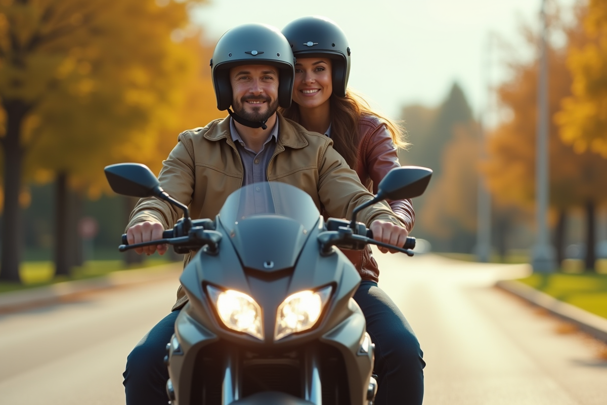 Homme et femme en moto moderne sur route ensoleillee