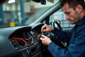 Technicien automobile connectant un faisceau de fils colorés d'autoradio dans un tableau de bord Peugeot