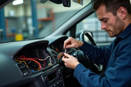Technicien automobile connectant un faisceau de fils colorés d'autoradio dans un tableau de bord Peugeot