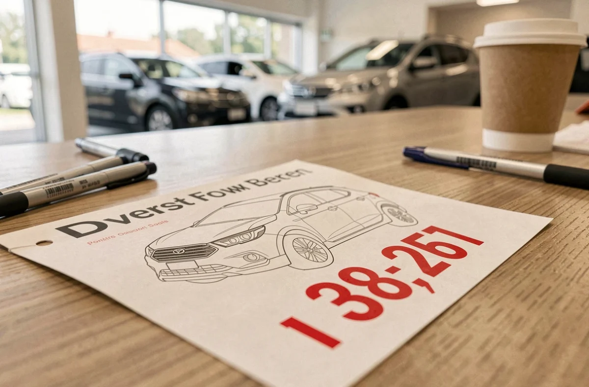 Brochure et étiquette de prix sur un bureau de concession automobile évoquant l'accessibilité tarifaire du projet Dacia Sandman