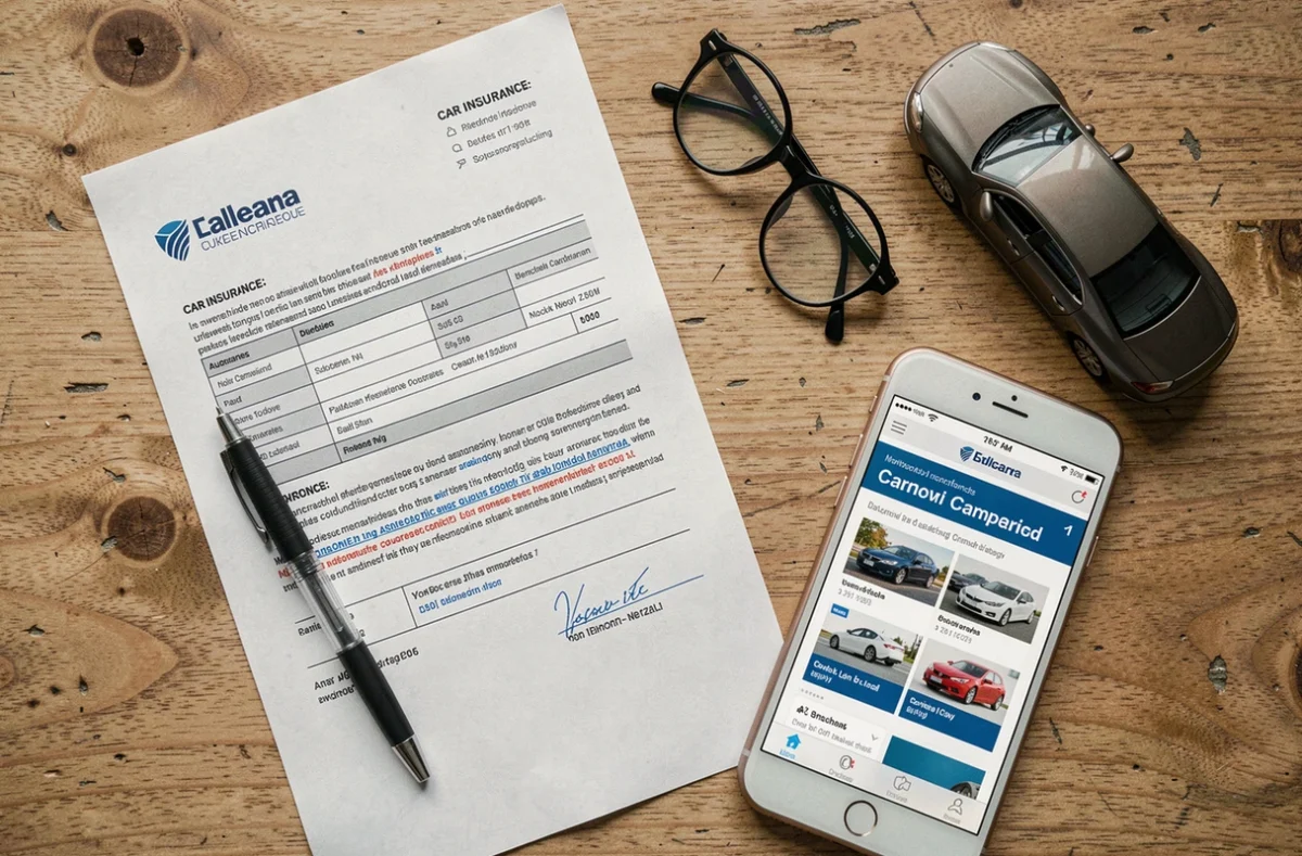 Vue de dessus d'un bureau avec des documents d'assurance auto, un smartphone et des accessoires de comparaison