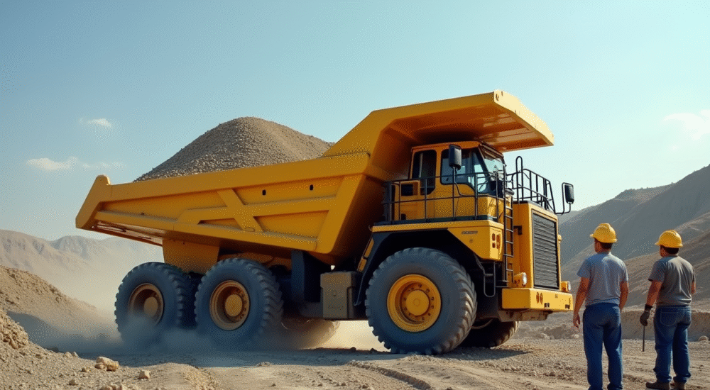 Camion benne jaune chargé de gravier sur un chantier