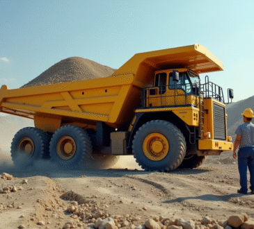 Camion benne jaune chargé de gravier sur un chantier