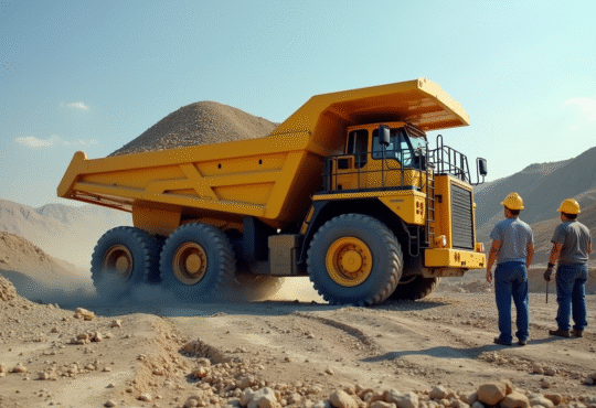 Camion benne jaune chargé de gravier sur un chantier