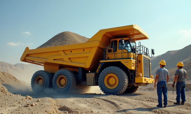 Camion benne jaune chargé de gravier sur un chantier