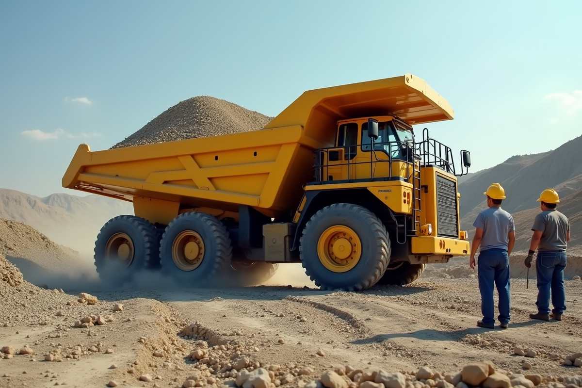 Camion benne jaune chargé de gravier sur un chantier