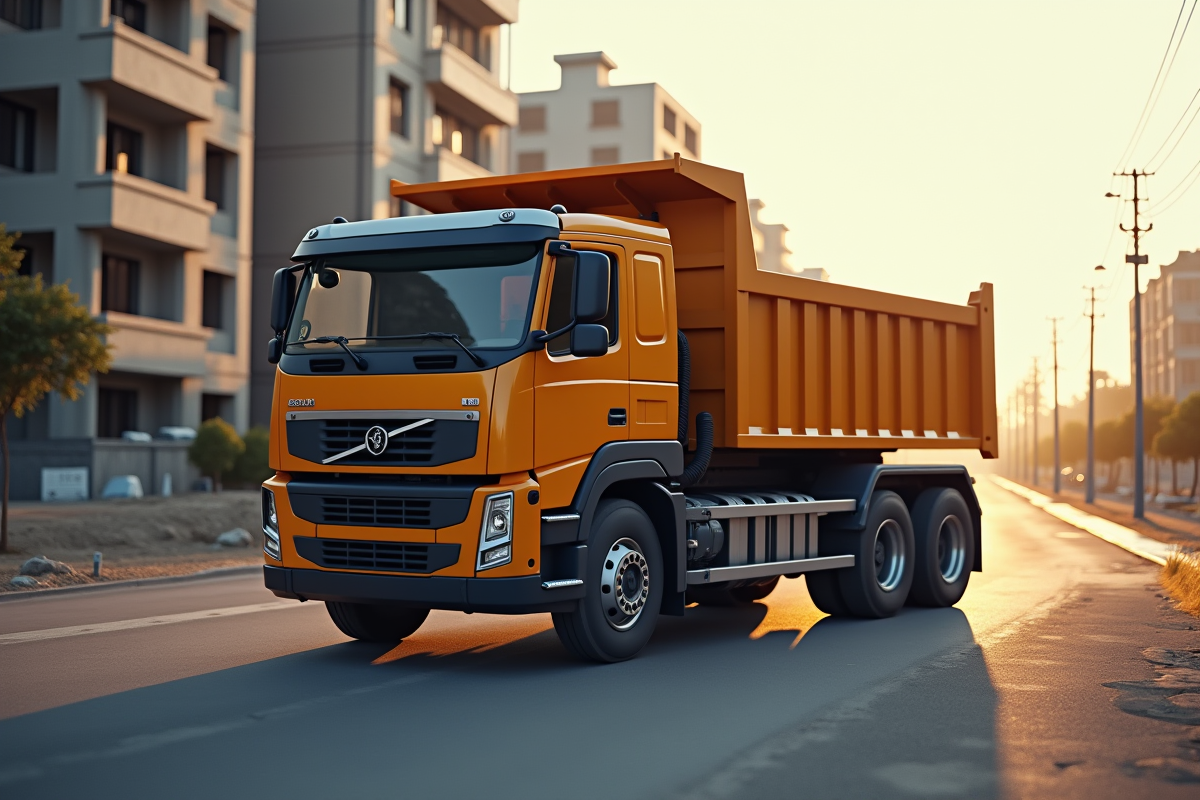 Camion benne stationne sur une route urbaine en construction