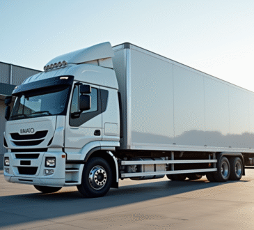 Camion 26 tonnes blanc brillant dans une zone industrielle urbaine