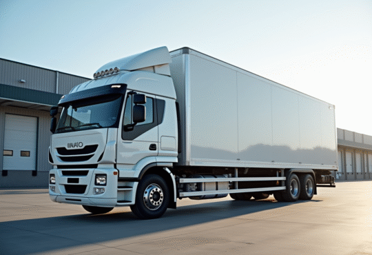 Camion 26 tonnes blanc brillant dans une zone industrielle urbaine