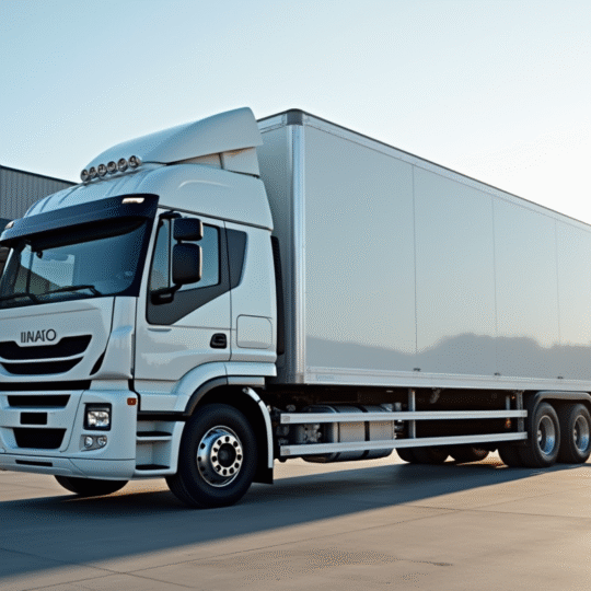 Camion 26 tonnes blanc brillant dans une zone industrielle urbaine