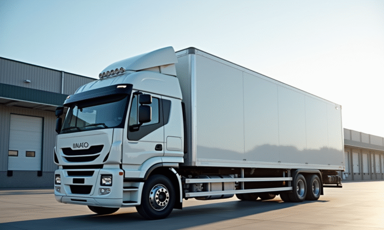 Camion 26 tonnes blanc brillant dans une zone industrielle urbaine
