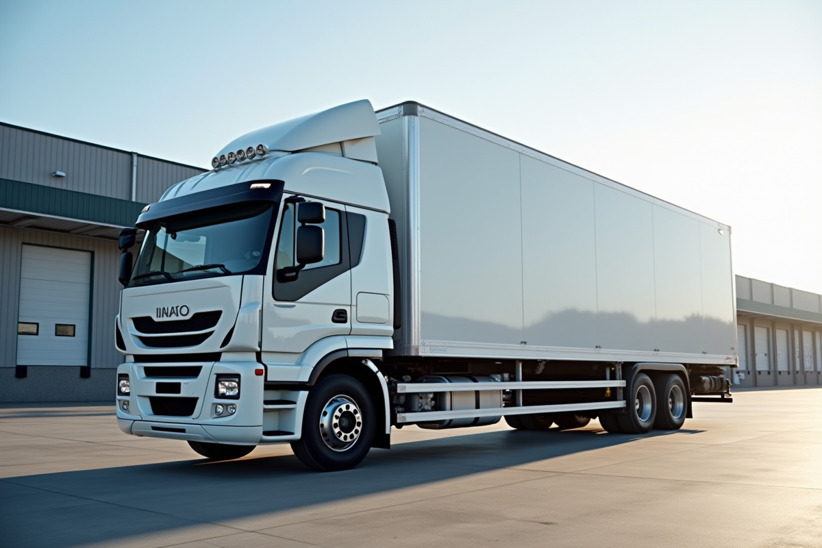 Camion 26 tonnes blanc brillant dans une zone industrielle urbaine