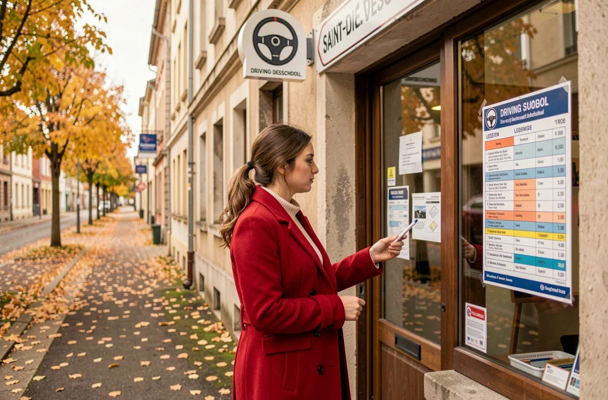 Une élève consultant l'affichage de l'auto-école Carnot Conduite à Saint-Dié-des-Vosges en automne