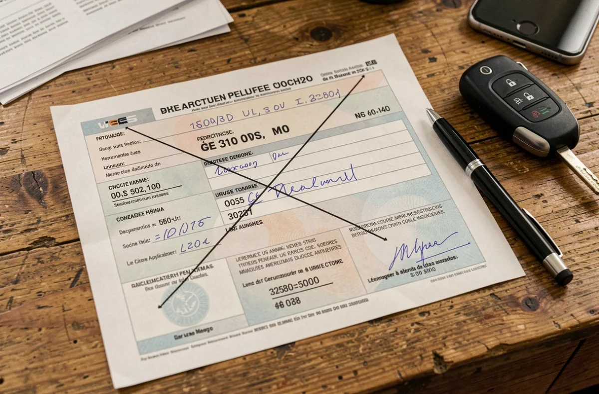 Carte grise française barrée posée sur un bureau en bois avec un stylo et une clé de voiture, symbolisant la vente d'un véhicule et les démarches d'assurance