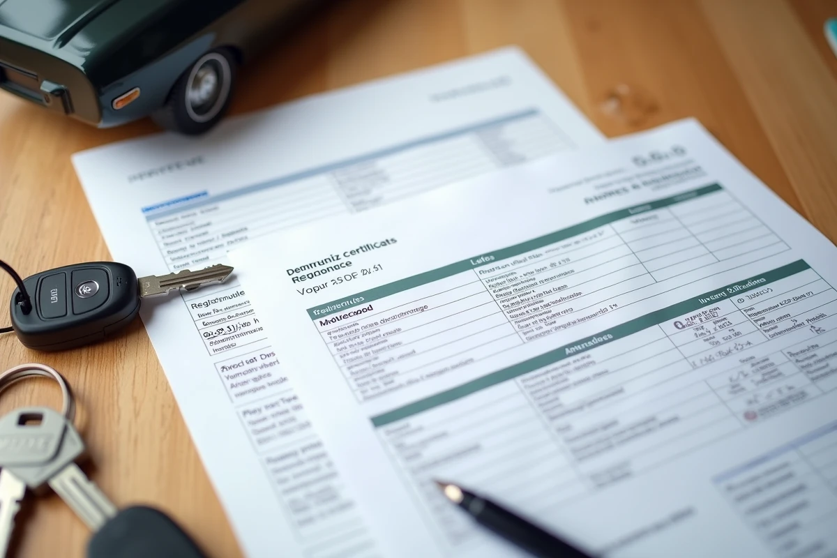 Certificat d'immatriculation carte grise posé sur un bureau avec une facture de prestation automobile et des clés de voiture