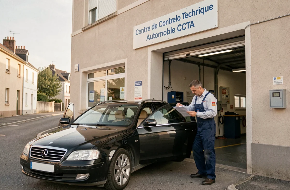 Technicien CCTA vérifiant les documents d'un break noir devant l'entrée du Centre de Controle Technique Automobile