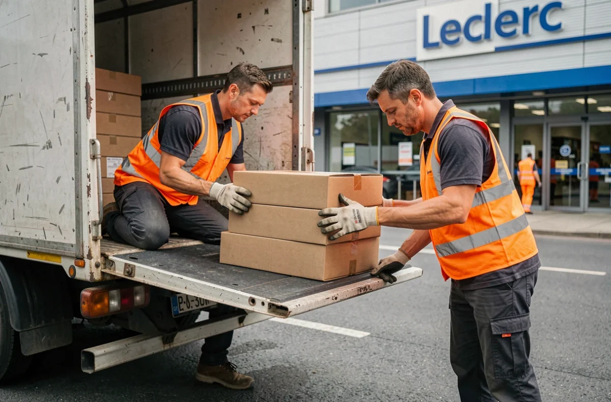 Deux employés chargeant des cartons sur le hayon d'un camion de location 20m3 devant une grande surface commerciale