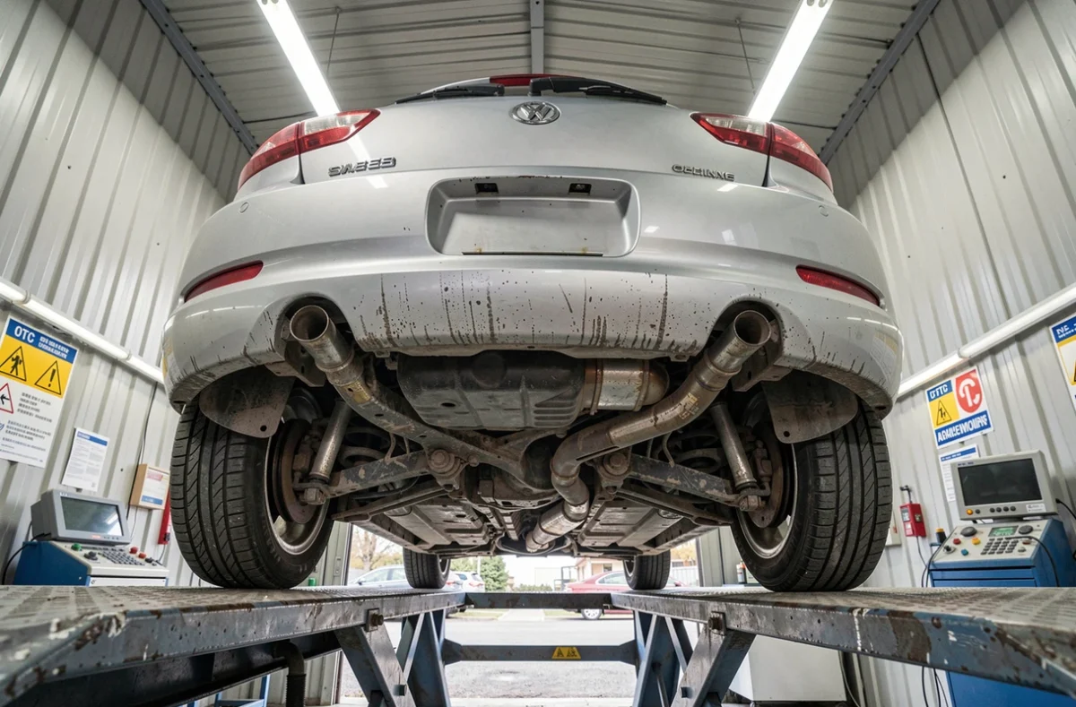 Vue sous châssis d'une voiture sur pont élévateur lors d'un contrôle technique dans un garage agréé en France