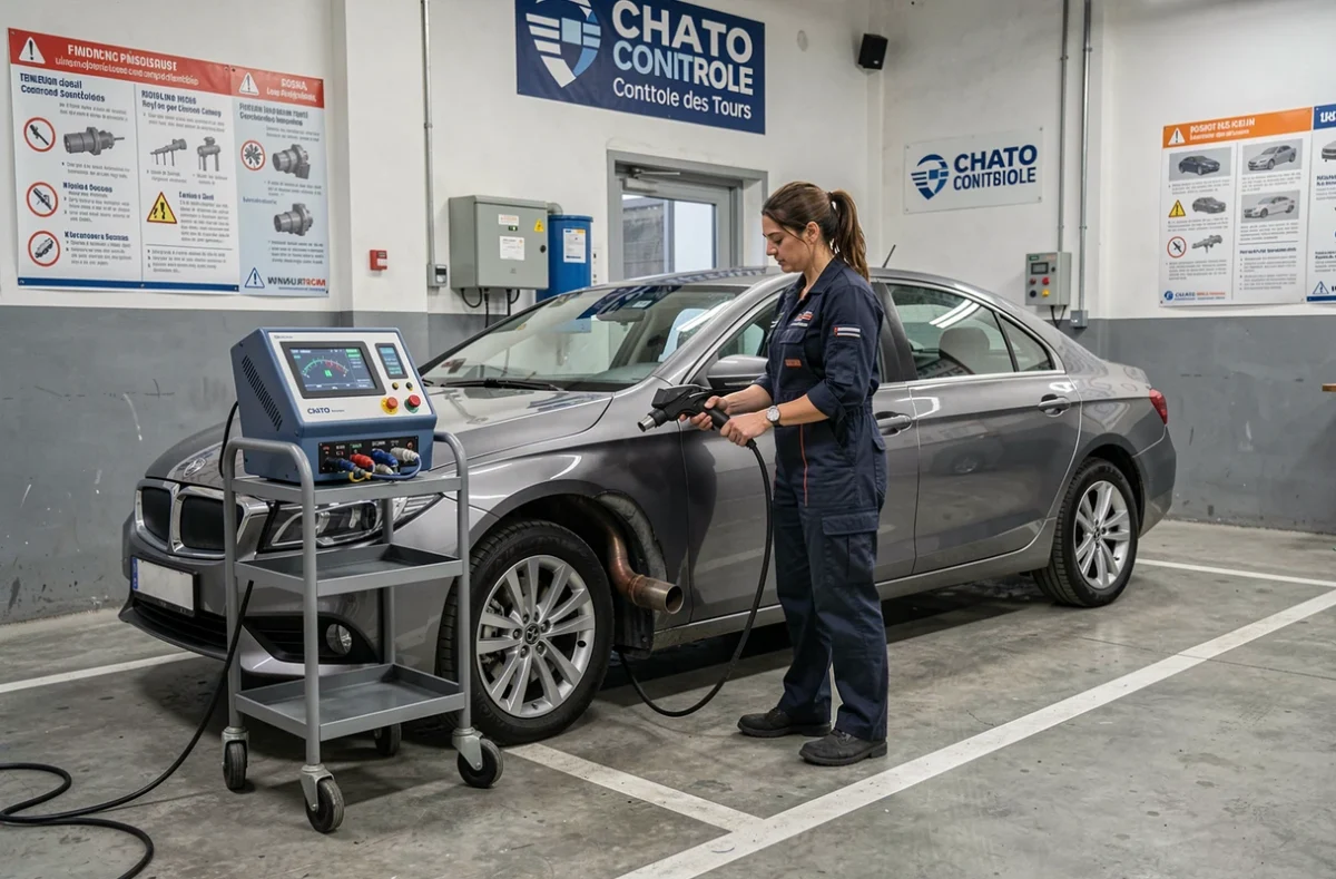 Technicienne Chato Controle des Tours effectuant un test d'émissions sur une berline grise dans le garage d'inspection