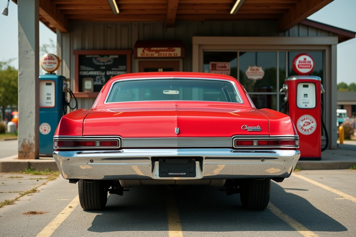 Arrière de la Chevrolet Impala 1967 rouge avec ses feux triples caractéristiques photographiée dans une station-service américaine vintage