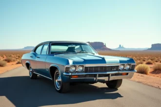 Chevrolet Impala 4 portes 1967 en bleu métallisé photographiée de trois quarts avant dans un paysage désertique américain